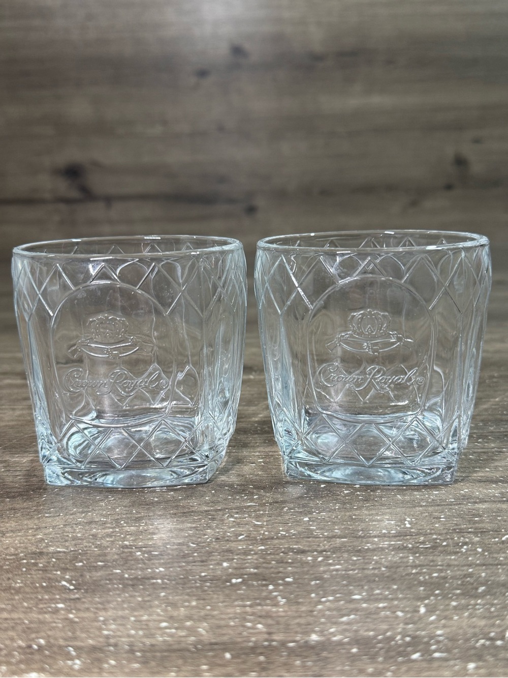 (2) Crown Royal Whiskey Glasses Lowball Square Bottom 3”x3.25”
